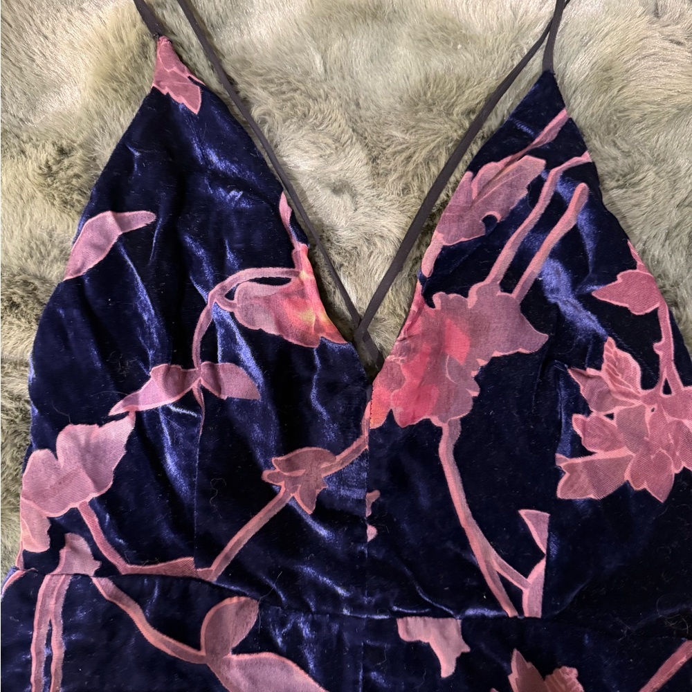 Lush Velvet Floral Romper - Navy and Reddish Pink - Picture 2 of 8